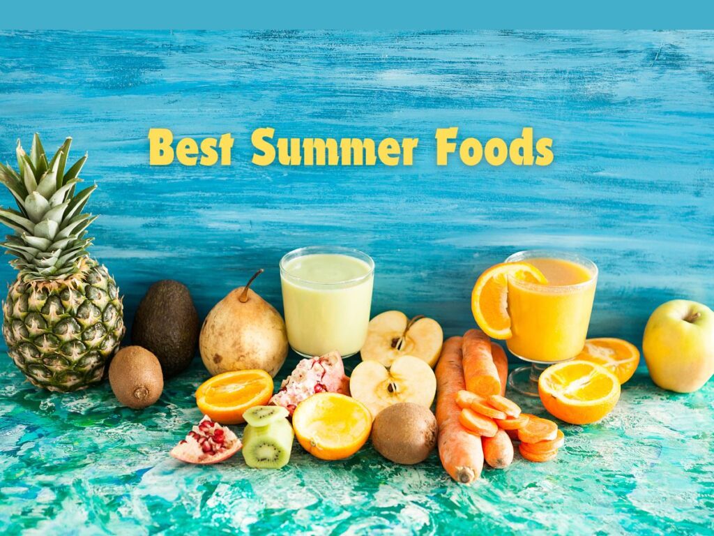 Fresh summer fruits and juices displayed on a table – best summer foods for hydration and health