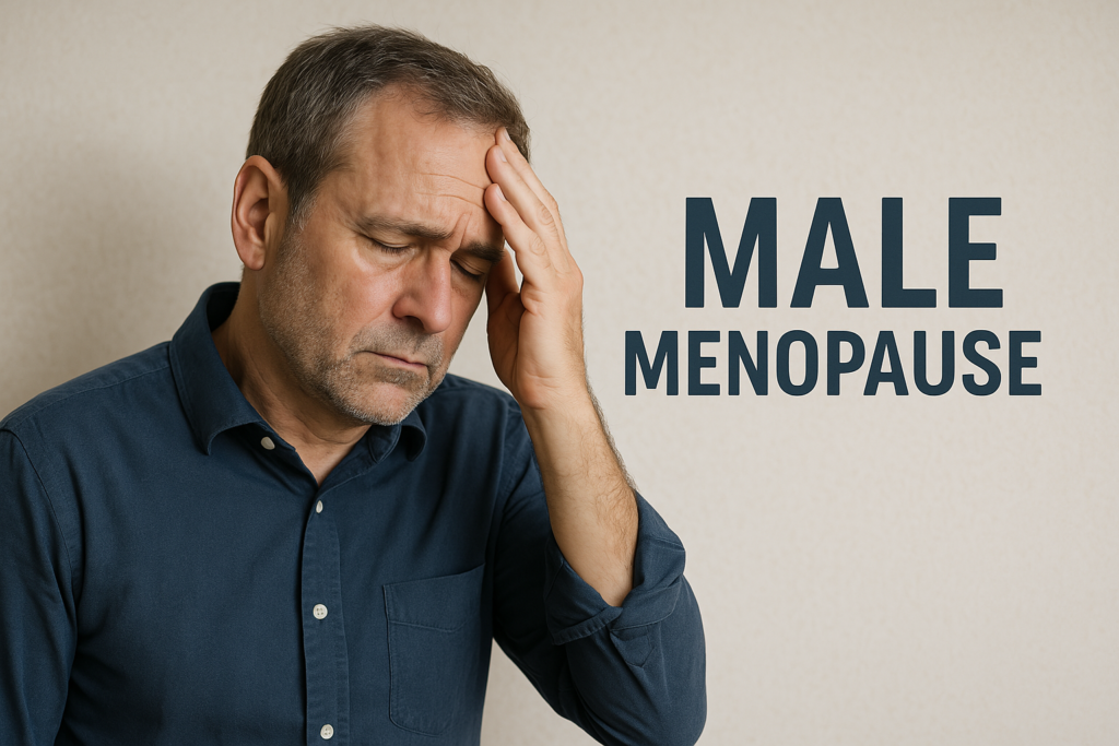 Middle-aged man with a thoughtful expression beside the bold title "Male Menopause" on a soft textured background.