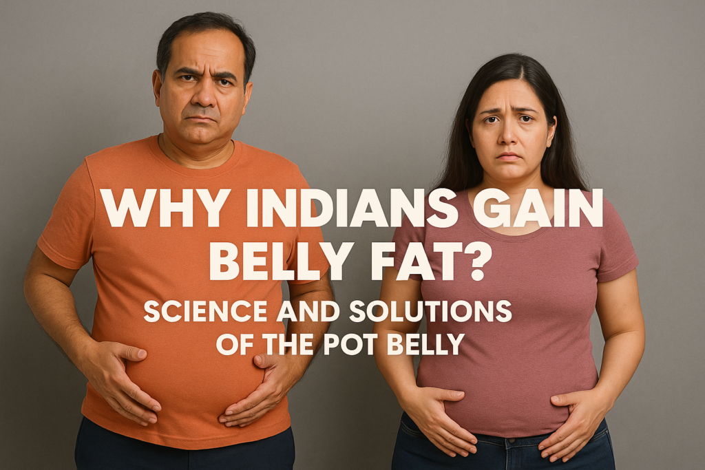 Indian man and woman with visible belly fat, standing side by side with bold text: ‘Why Indians Gain Belly Fat?’