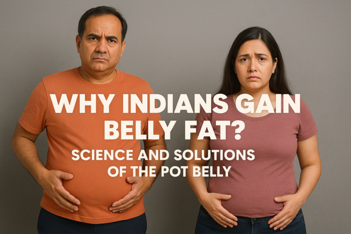 Indian man and woman with visible belly fat, standing side by side with bold text: ‘Why Indians Gain Belly Fat?’