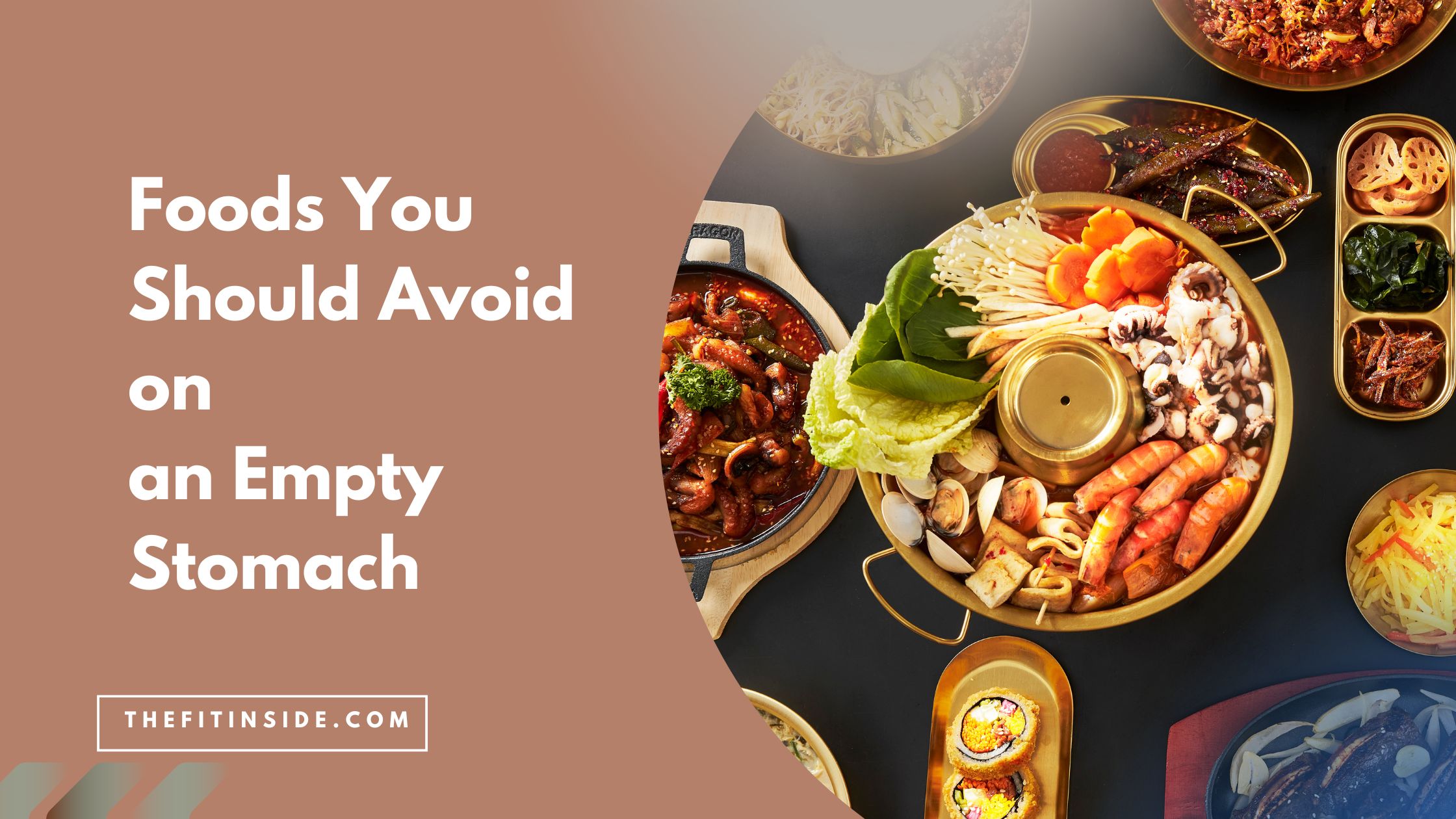 Image of a few foods which are spicy and deep fried, with text on the image: foods to avoid on an empty stomach