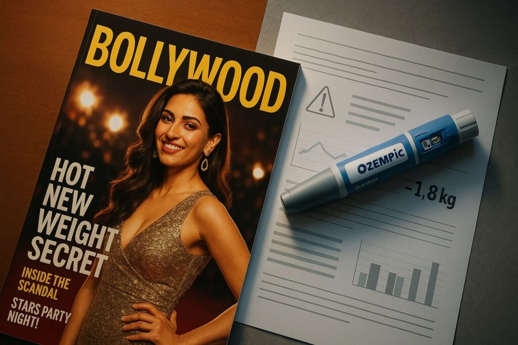 Ozempic pen beside Bollywood-themed magazine, symbolizing its rising buzz.