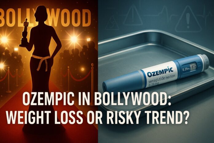 Ozempic in Bollywood and Ozempic in India shown through a split image of a red carpet celebrity and a medical Ozempic pen.