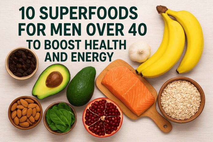 Overhead view of salmon, avocado, bananas, oats, garlic, raisins, spinach, and pomegranate, describing superfoods for men over 40.