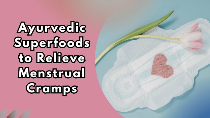 Sanitary pad with flower and heart symbol representing Ayurvedic superfoods for natural menstrual cramp relief
