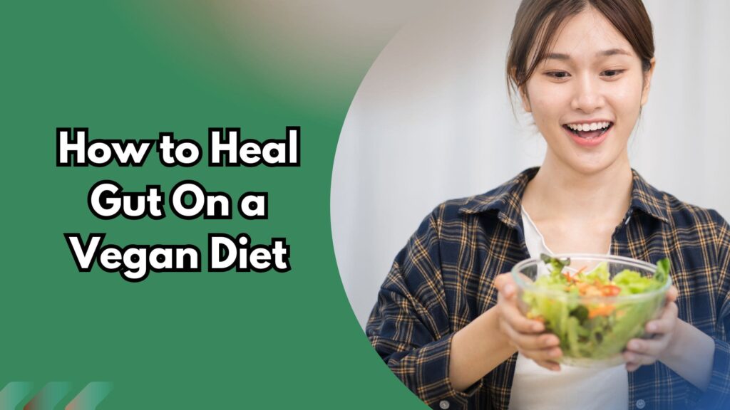 A smiling woman holding a fresh salad bowl, representing gut health improvement on a vegan diet.