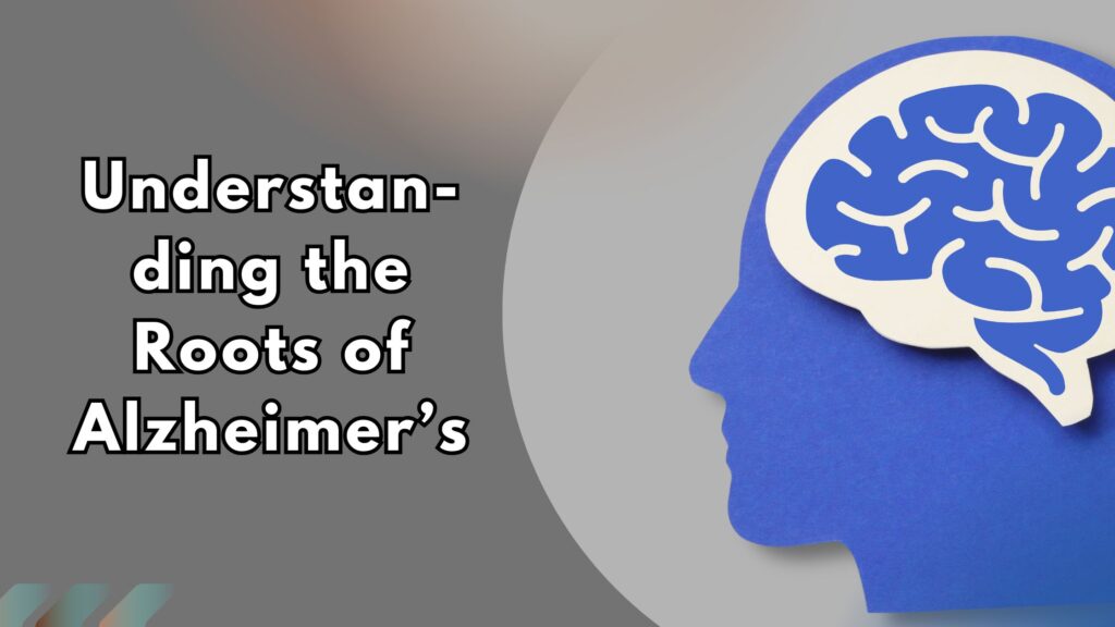 Brain graphic on blue silhouette head symbolizing Alzheimer's research