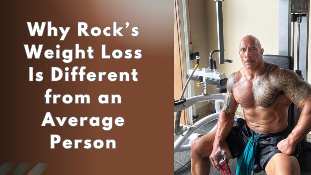 The Rock sitting shirtless in his gym after a workout, showing muscular physique and highlighting his weight loss journey.