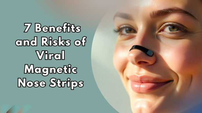 Woman wearing a black magnetic nose strip with text about benefits and risks.