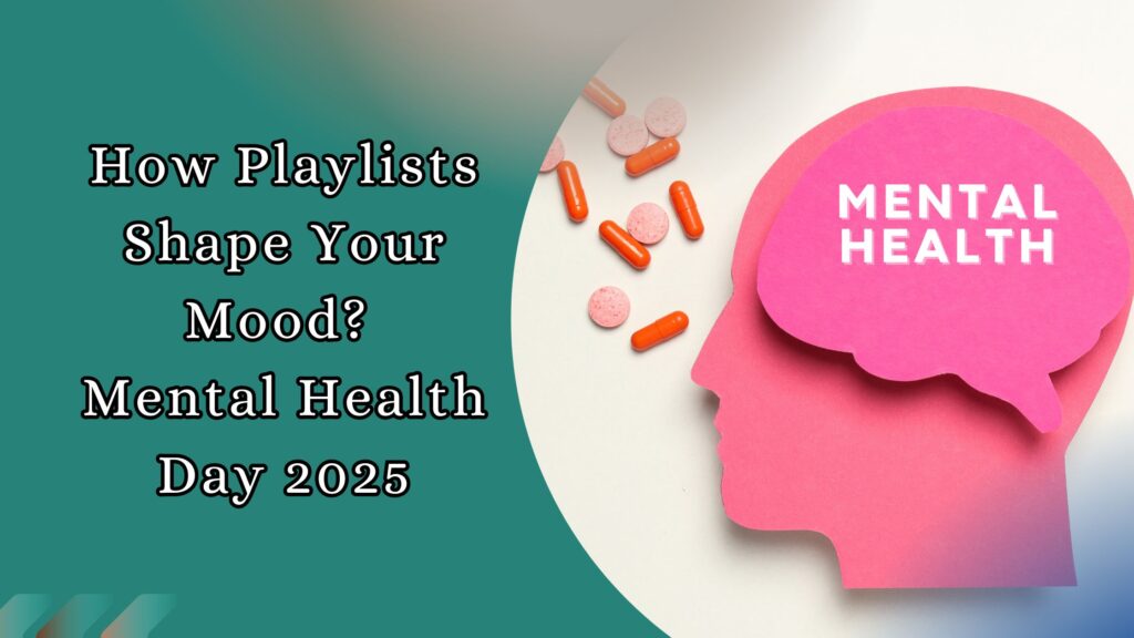 Illustration of mental health awareness with paper head cutout and pills, highlighting how playlists impact mood for Mental Health Day 2025.