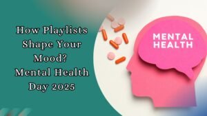 Illustration of mental health awareness with paper head cutout and pills, highlighting how playlists impact mood for Mental Health Day 2025.