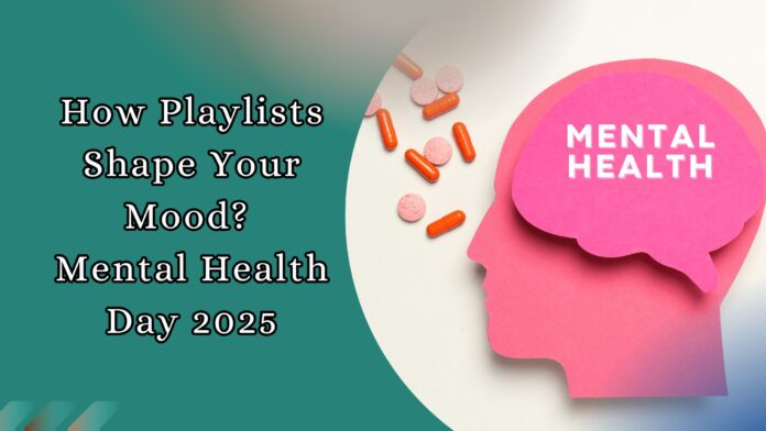 Illustration of mental health awareness with paper head cutout and pills, highlighting how playlists impact mood for Mental Health Day 2025.
