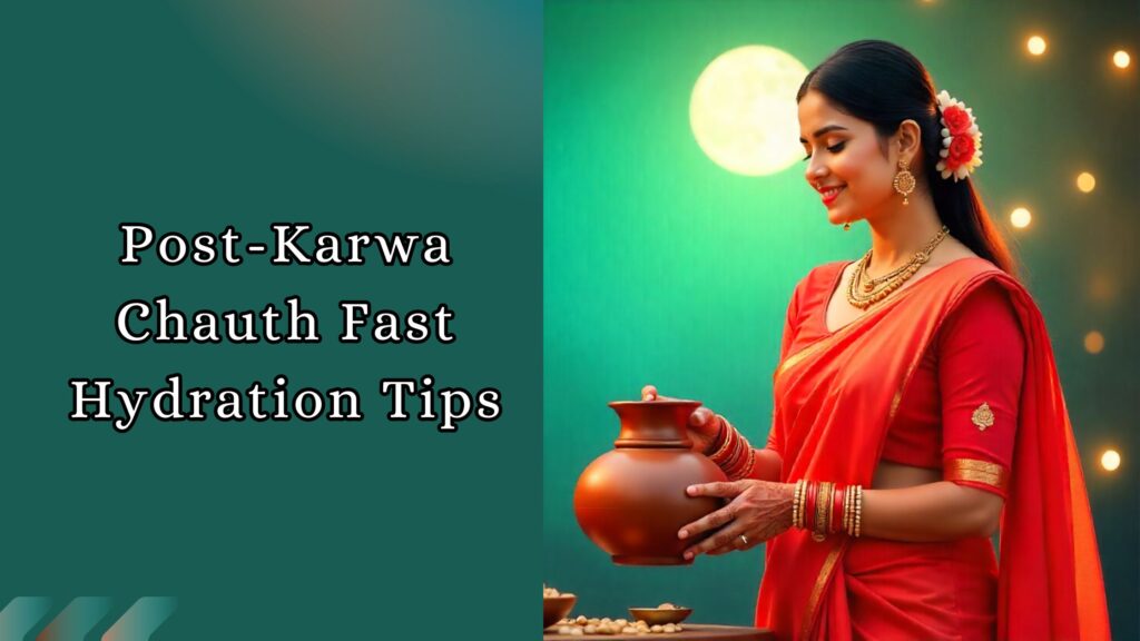 Traditional Indian woman in red saree breaking Karwa Chauth fast with water under the full moon.