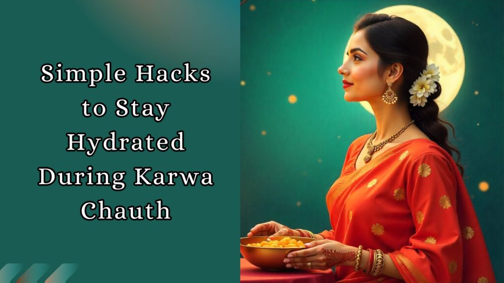 Elegant woman in festive saree holding fruits under the moonlight on Karwa Chauth.