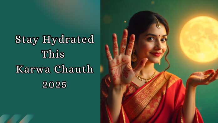 Smiling woman in red saree showing mehndi with a full moon in the background during Karwa Chauth 2025.