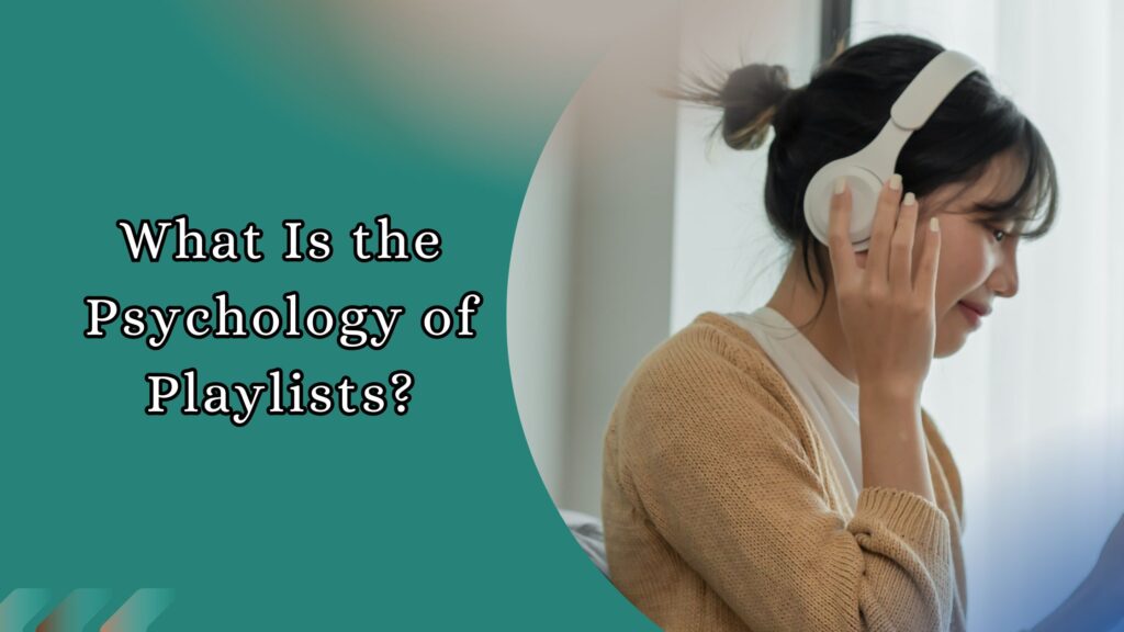 Woman wearing white headphones and sweater, listening to music indoors, representing the psychology of playlists and emotional connection to music.