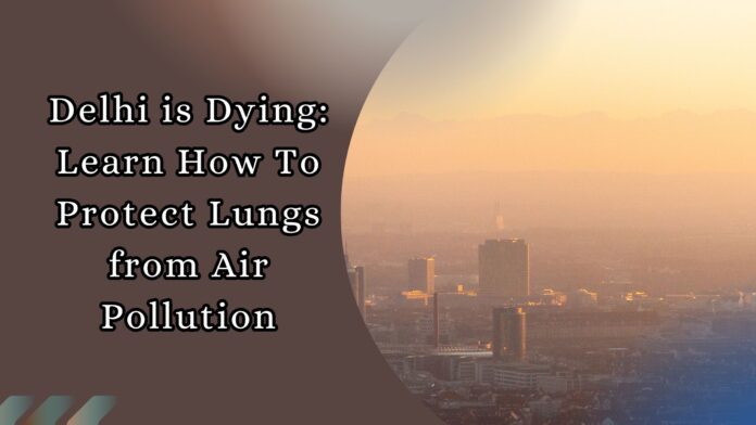 Smog covering city buildings during sunset, showing severe Poor AQI in Delhi.