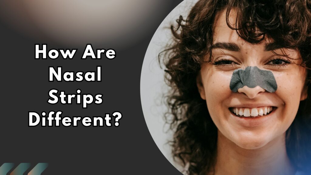 Woman smiling with a nasal strip applied to open nostrils and improve breathing