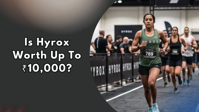 Woman in Hyrox race gear running on indoor track during competition, text reads "Is Hyrox Worth Up To ₹10,000?"