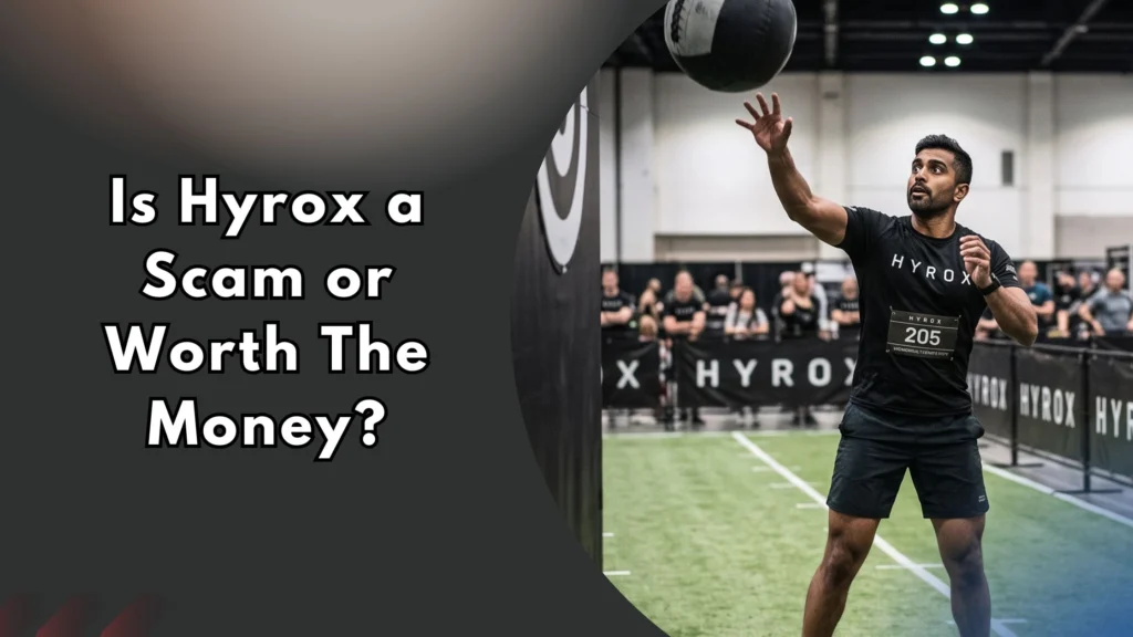 Is-Hyrox-a-Scam-or-Worth-The-Money Man throwing wall ball during Hyrox competition, text reads "Is Hyrox a Scam or Worth The Money?"