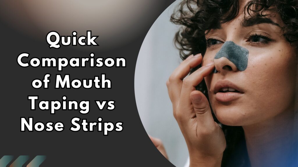 Woman applying a nasal strip while looking in the mirror, comparing breathing aids