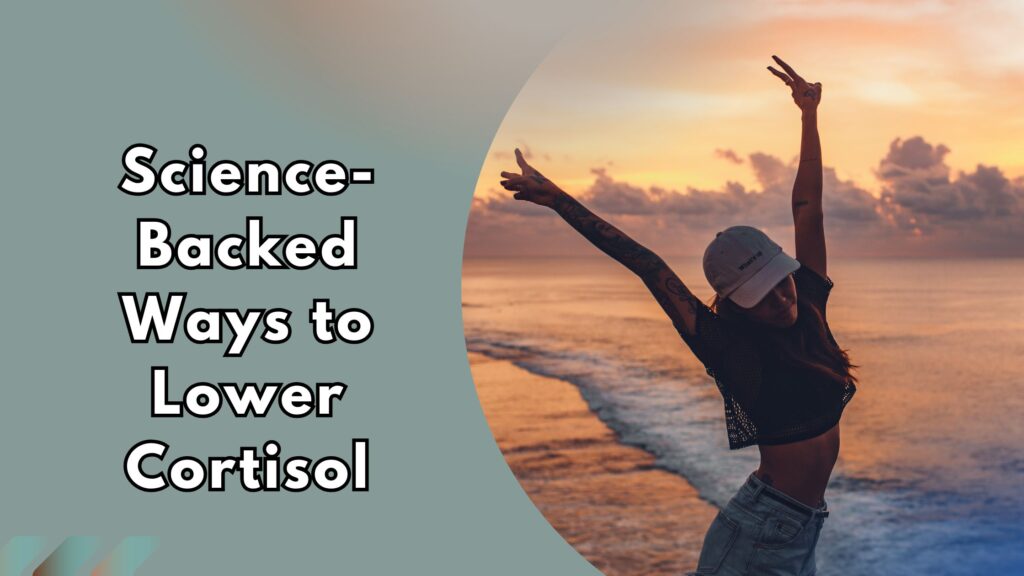 Woman at beach with arms raised showing freedom from stress and lower cortisol.