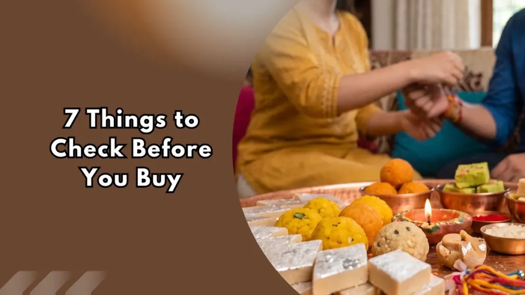 7-Things-to-Check-Before-You-Buy-Raksha-Bandhan-Sweets Close-up of rakhi tying with khoya barfi, kaju katli, and other raksha bandhan sweets in a thali