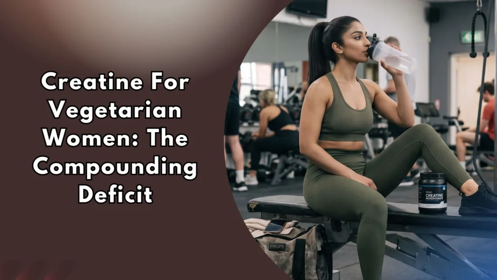 Creatine-For-Vegetarian-Women Woman drinking shaker at gym next to creatine monohydrate tub, text reads "Creatine For Vegetarian Women: The Compounding Deficit"