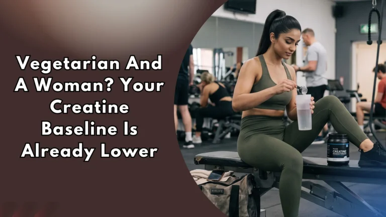 Woman mixing creatine powder in shaker at gym, text reads "Vegetarian And A Woman? Your Creatine Baseline Is Already Lower"