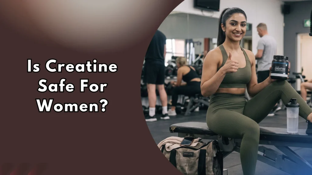 Is-Creatine-Safe-For-Women Woman giving thumbs up holding creatine tub at gym, text reads "Is Creatine Safe For Women?"