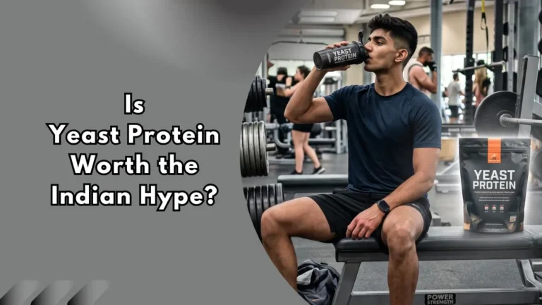 A man in gym clothes drinking from a black shaker bottle labeled "Yeast Protein" while seated on a gym bench, with a bag of yeast protein powder beside him and text reading "Is Yeast Protein Worth the Indian Hype?"