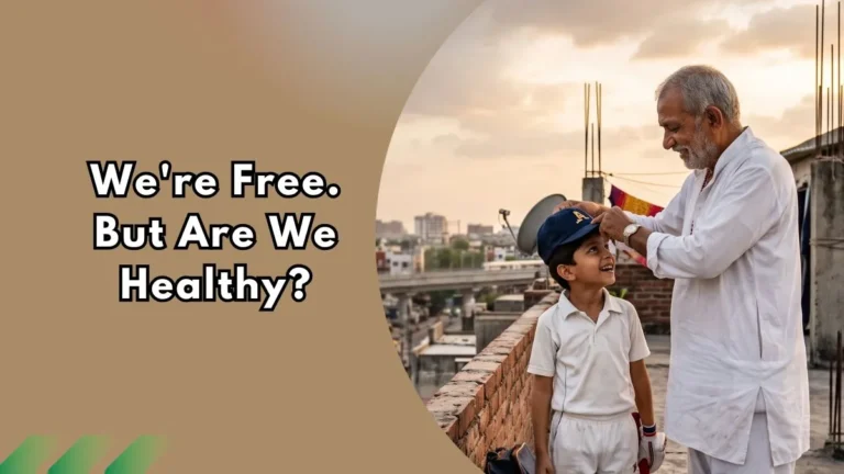 Grandfather and grandson on a rooftop in India at sunset, representing generational health change