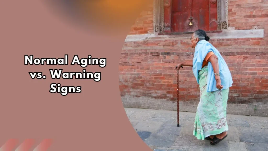 Normal-Aging-vs-Warning-Signs Elderly woman walking with a cane past a brick wall, representing normal aging versus warning signs in gait