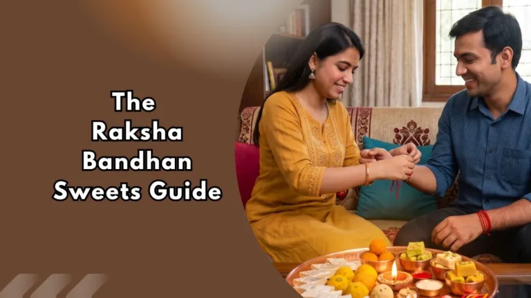 Sister tying rakhi on her brother's wrist with a thali of traditional raksha bandhan sweets