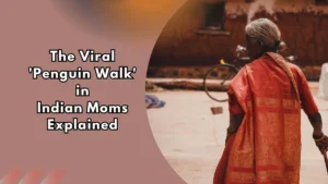 Elderly Indian woman in a sari walking outdoors with a cane, illustrating the viral penguin walk trend