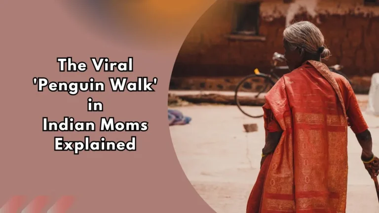 Elderly Indian woman in a sari walking outdoors with a cane, illustrating the viral penguin walk trend