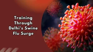 Image of a virus, with the text on the side about: Swine Flu in Delhi and is it safe to train