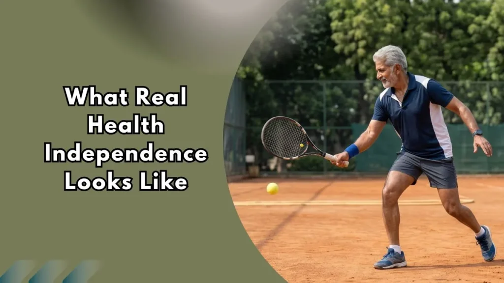 What-Real-Health-Independence-Look-Like-thefitinside Older Indian man playing tennis on a clay court, representing active healthy aging