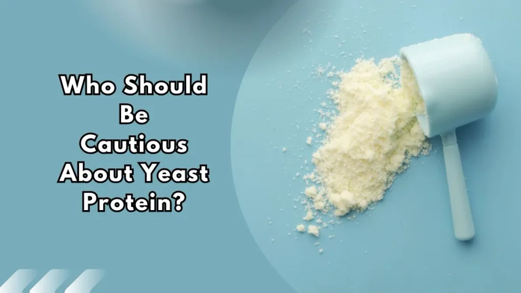 who-should-be-cautious-about-yeast-protein A scoop of yeast protein powder spilling onto a light blue background, with text reading "Who Should Be Cautious About Yeast Protein?"