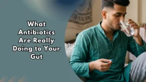 Indian man taking an antibiotic pill with water, illustrating gut health after antibiotics